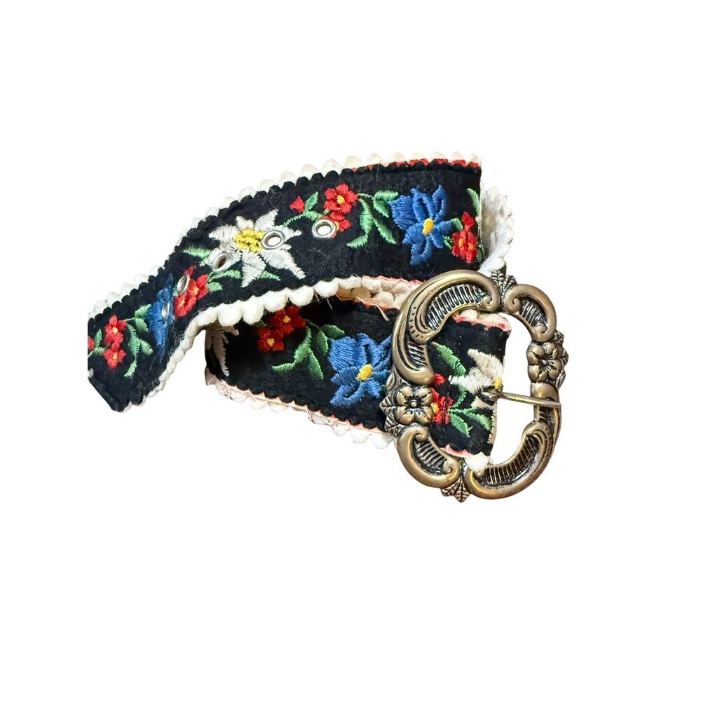 Floral Embroidered Black Fabric Belt Ornate Buckle Folk Handmade